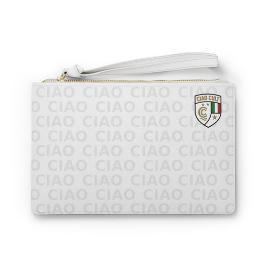 White vegan leather clutch with embossed CIAO text pattern and colorful shield crest logo, wrist strap included. - Ciao Cult - One size