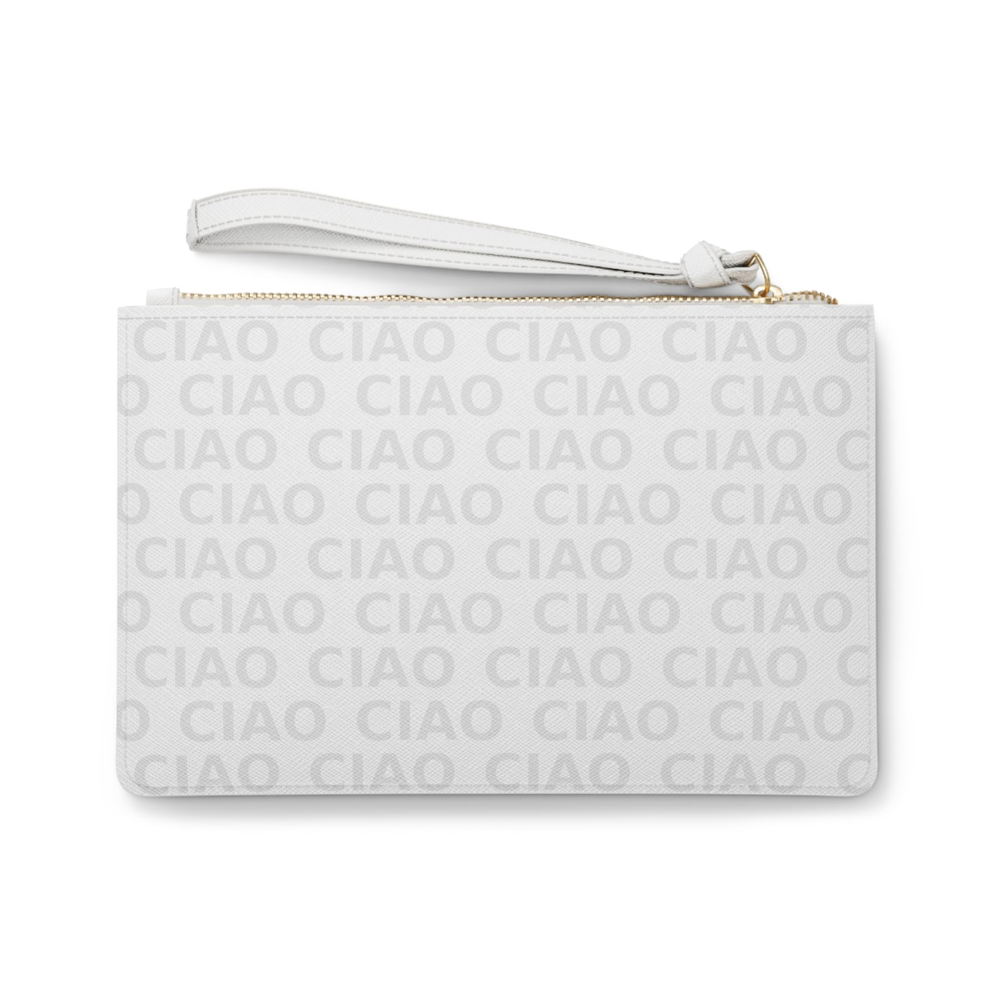 White vegan leather clutch with subtle "CIAO" text pattern and wrist strap. - Ciao Cult - One size