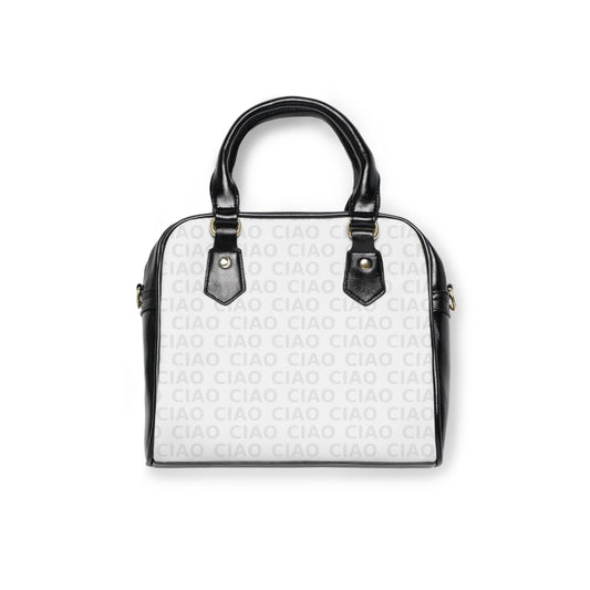 Compact black and white shoulder bag with repeating Ciao Cult logo and black handles. - Ciao Cult - 9.45" x 8.27" / Black