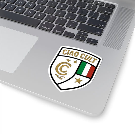Glossy vinyl Ciao Cult Signature Crest sticker with gold accents and Italian flag on laptop corner. - Ciao Cult - 3" × 3" / White