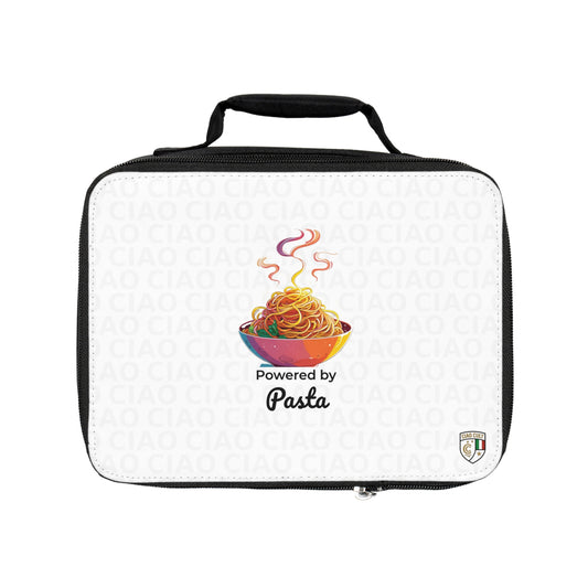 White insulated lunch bag with black edges and handle, featuring a colorful bowl of steaming pasta and "Powered by Pasta". - Ciao Cult - One size / Black