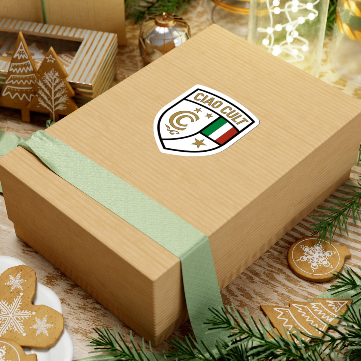Glossy vinyl Ciao Cult Signature Crest sticker with Italian flag and gold emblem on gift box. - Ciao Cult - 3" × 3" / White