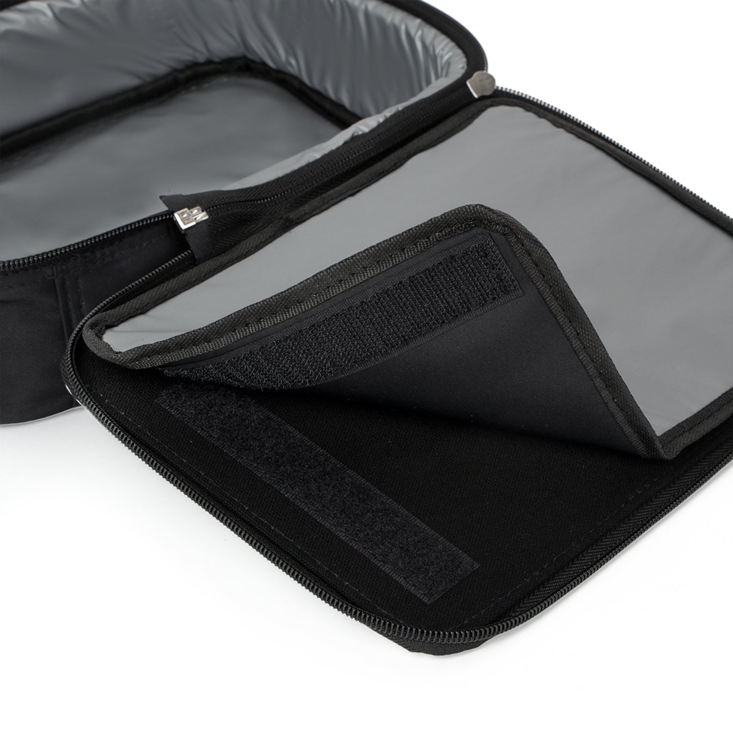 Black insulated lunch bag open to show gray interior and secure Velcro flap closure. - Ciao Cult - One size / Black