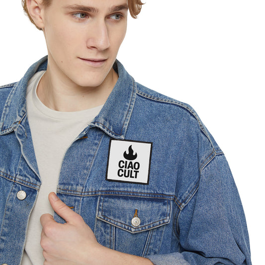 Black and white square embroidered patch with flame icon and "CIAO CULT" text on denim jacket. - Ciao Cult - 3" × 3" (Square)