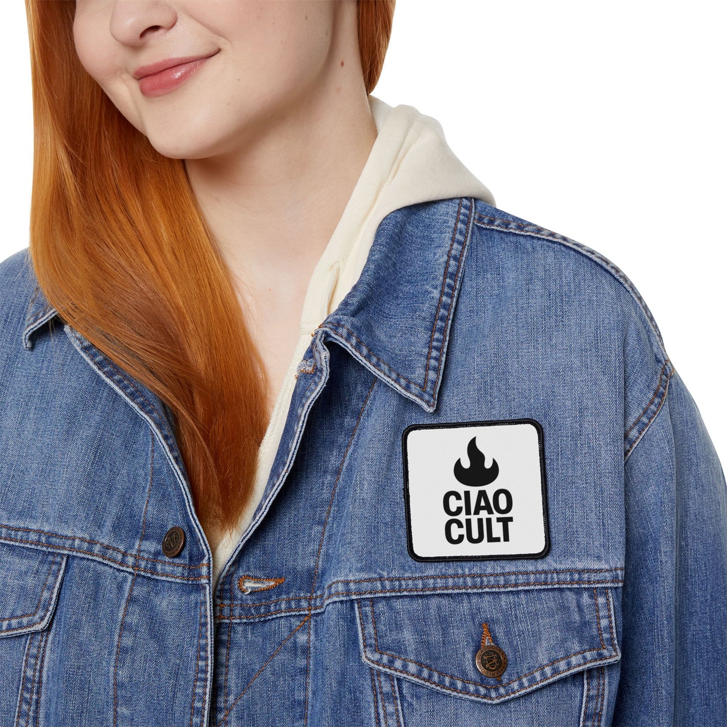 Black and white embroidered flame patch with "CIAO CULT" text on denim jacket. - Ciao Cult - 3" × 3" (Square)
