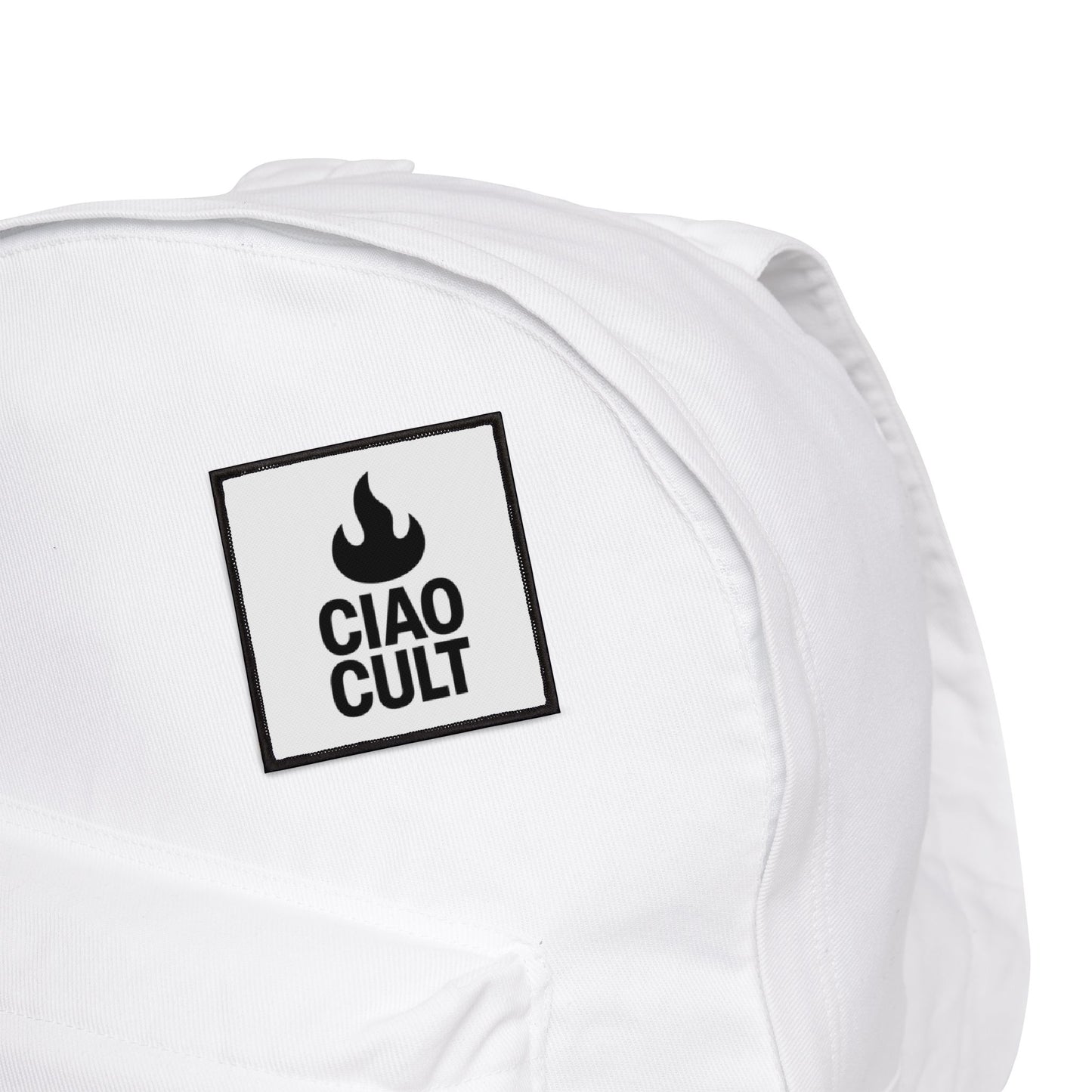 Black flame and "CIAO CULT" embroidered patch on white square background attached to white backpack. - Ciao Cult - 3" × 3" (Square)