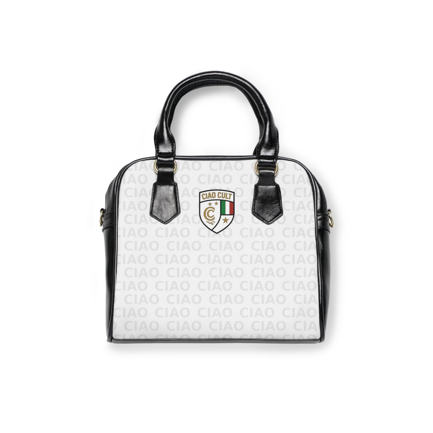 Black and white compact shoulder bag with repeating "CIAO" text pattern and colorful crest logo on front. - Ciao Cult - 9.45" x 8.27" / Black