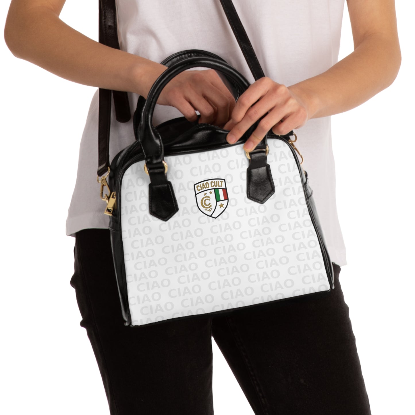 Compact white shoulder bag with black handles, black trim, and Ciao Cult crest logo on front. - Ciao Cult - 9.45" x 8.27" / Black