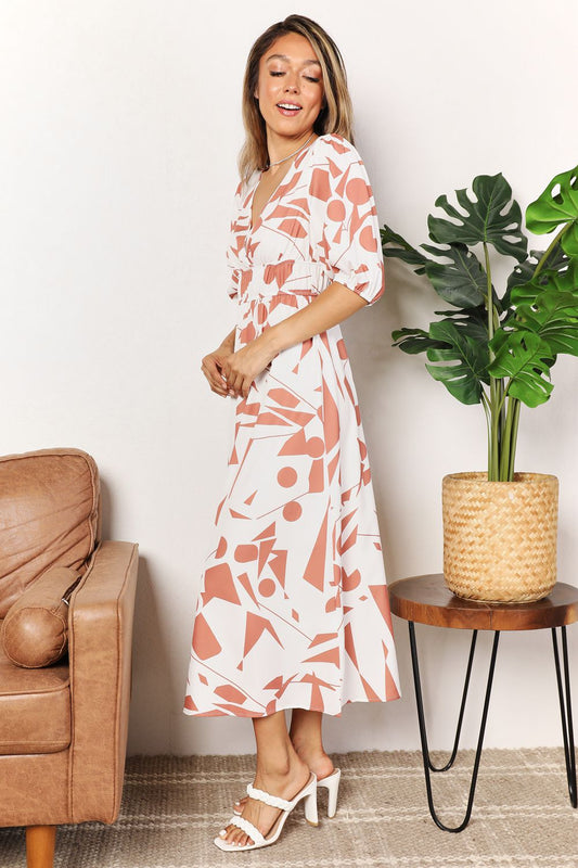 Printed Surplice Balloon Sleeve Dress in CAMEL (Size M)