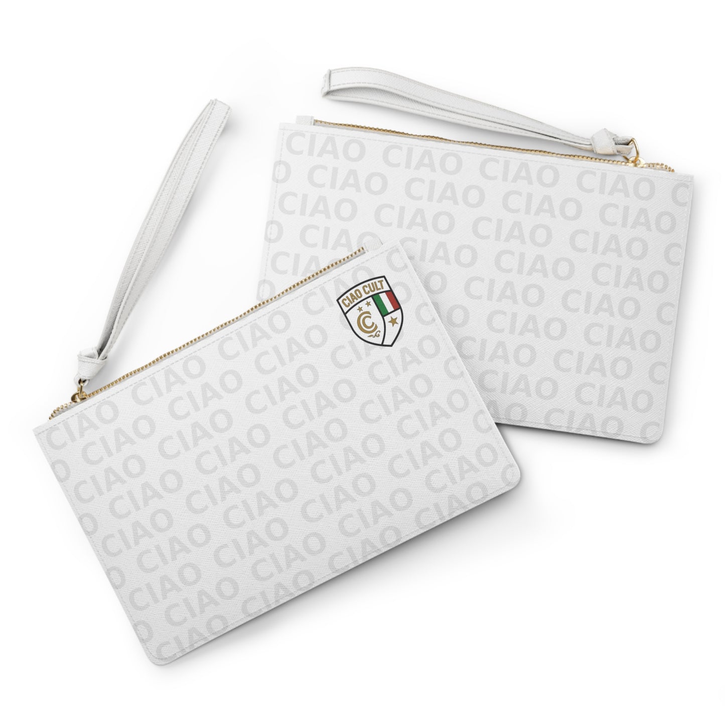 White vegan leather clutch bag with embossed repeated "CIAO" text and small multicolor crest emblem, wrist strap attached. - Ciao Cult - One size