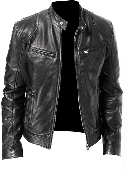Men's Zip Up Leather Biker Jacket in KHAKI (Size S)