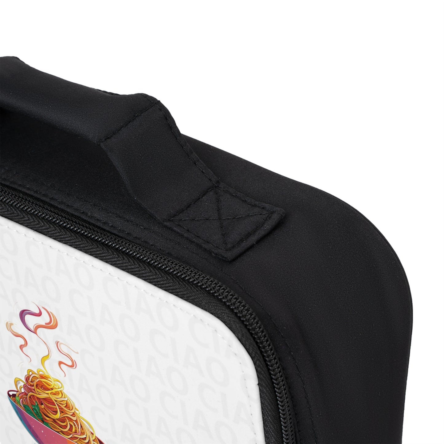 Black insulated lunch bag with white front panel featuring colorful steaming pasta illustration and subtle repeating logo. - Ciao Cult - One size / Black