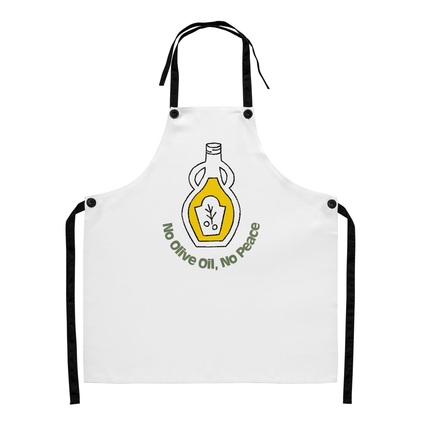 White apron with black neck and waist ties featuring a yellow olive oil bottle graphic and "No Olive Oil, No Peace" text. - Ciao Cult - Default Title