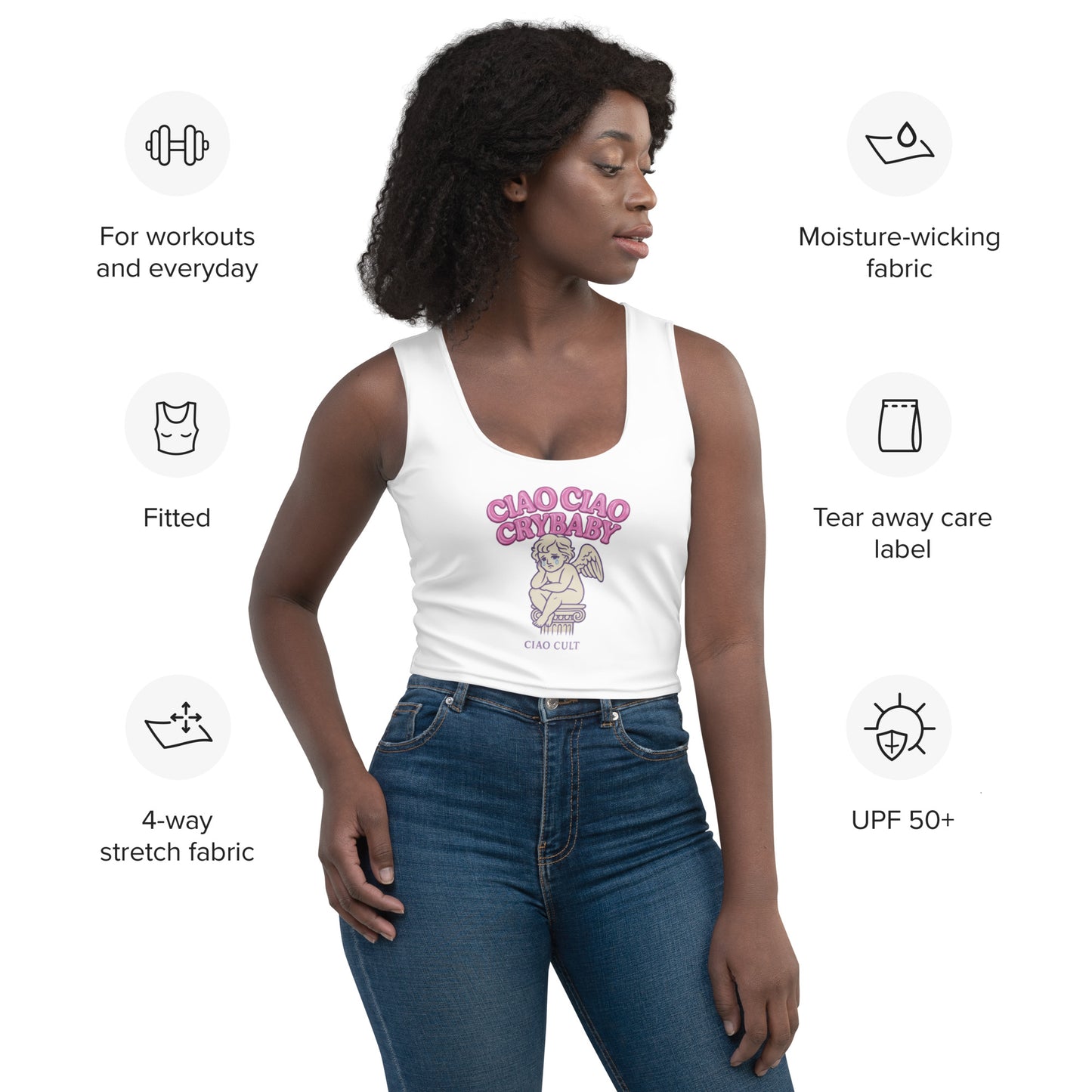 White fitted crop top with bold pink "Ciao Ciao Crybaby" text and graphic on front, sleeveless design. - Ciao Cult - XS