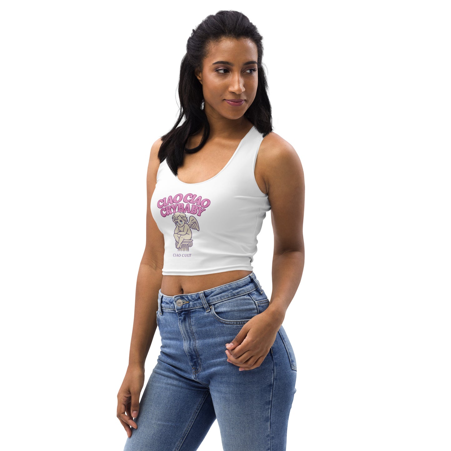 White body-hugging crop top with pink "Ciao Ciao Crybaby" graphic and spandex fabric. - Ciao Cult - XS