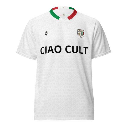 White soccer jersey with "CIAO CULT" black text, Italian flag collar, and signature crest badge. - Ciao Cult - 2XS