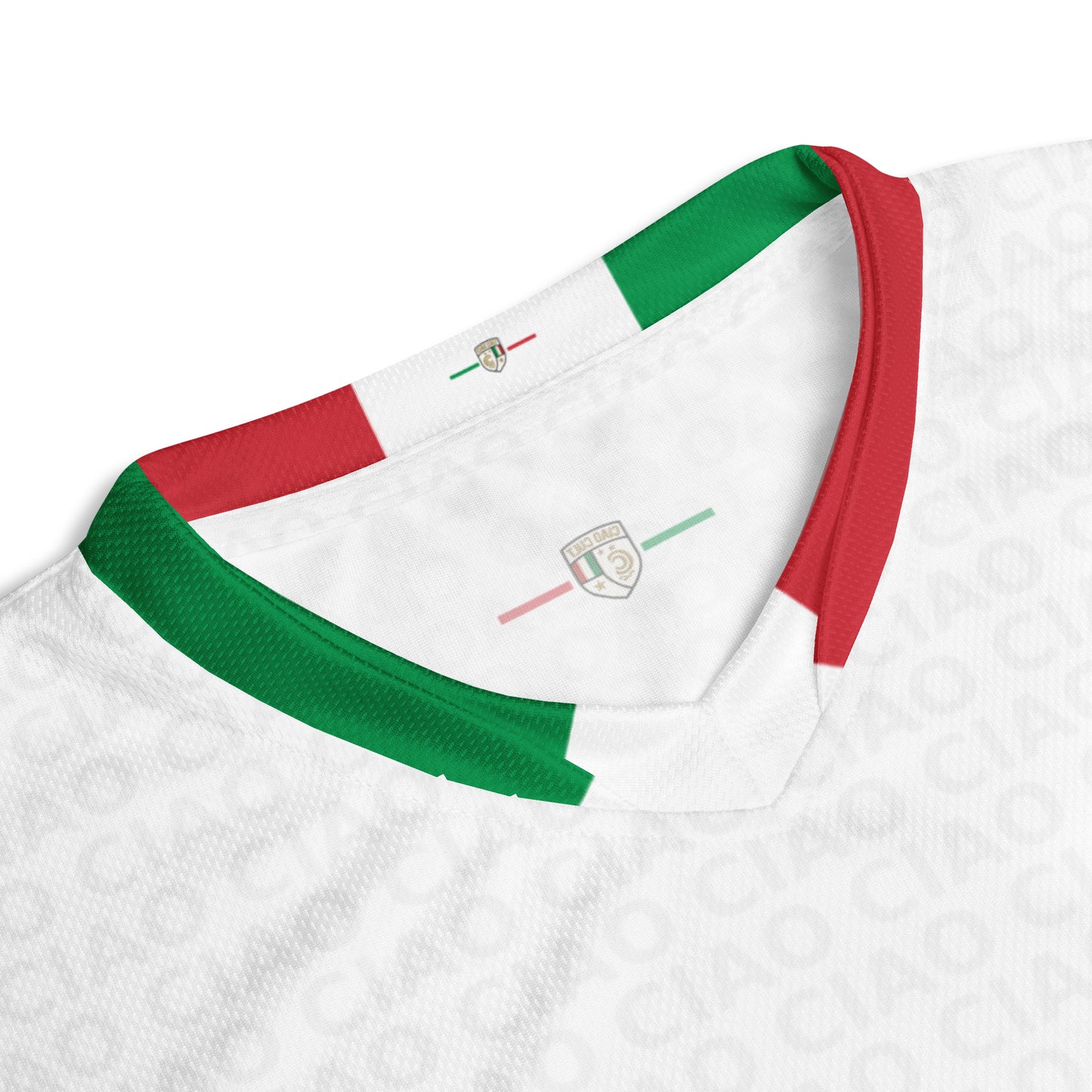 Round-neck soccer jersey collar with green, white, and red ribbed trim in Italian flag colors. - Ciao Cult - 2XS