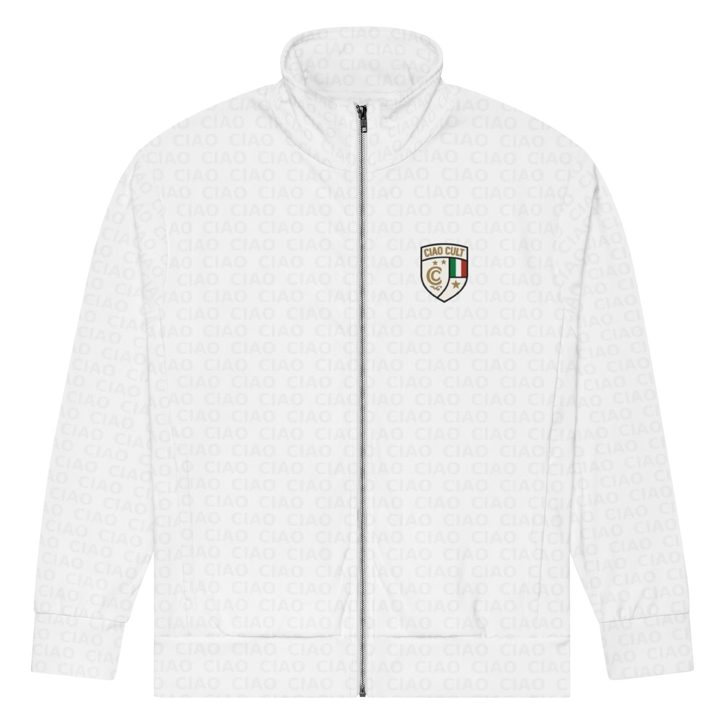 White eco-friendly zip-up track jacket with high collar and small multicolor crest logo on chest. - Ciao Cult - 2XS
