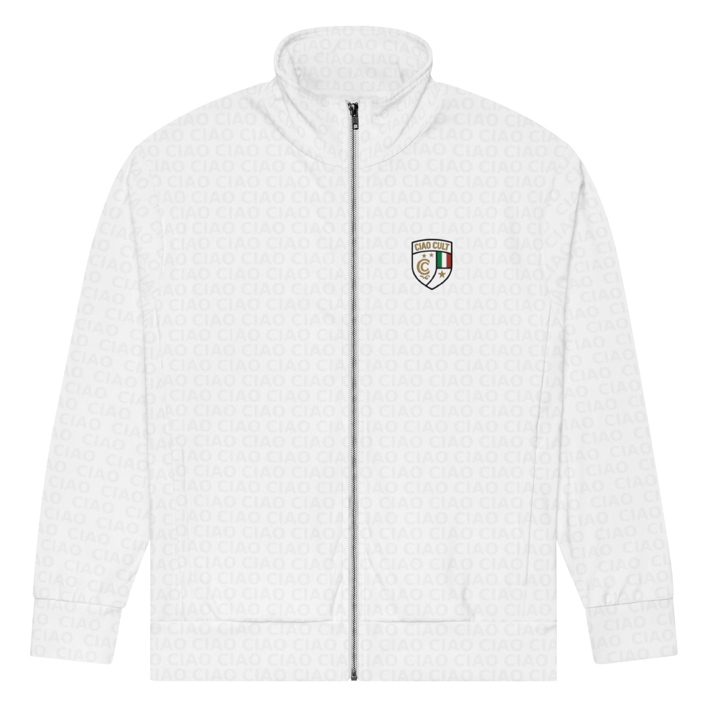 White zip-up track jacket with high collar and small multicolor crest logo on left chest. - Ciao Cult - 2XS