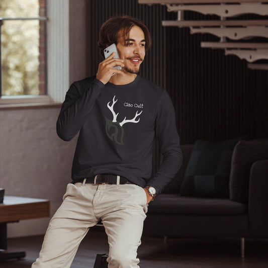 Male model talking on cellphone wearing Ciao Cult Antler Holiday Special Edition Long Sleeve Fitted Crew in heavy metal color.