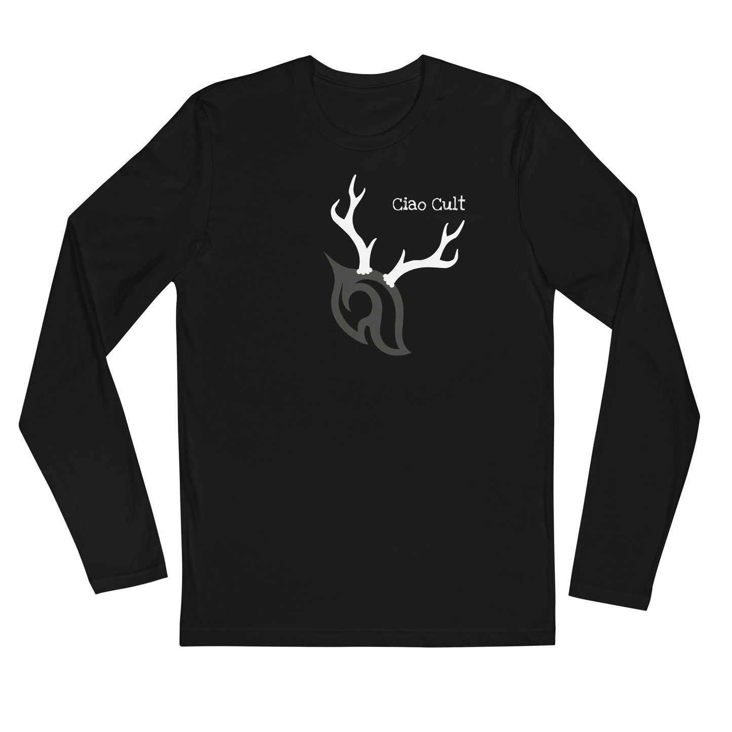 Product-only front view of Ciao Cult Antler Holiday Special Edition Long Sleeve Fitted Crew showing embroidered antler and flame design.
