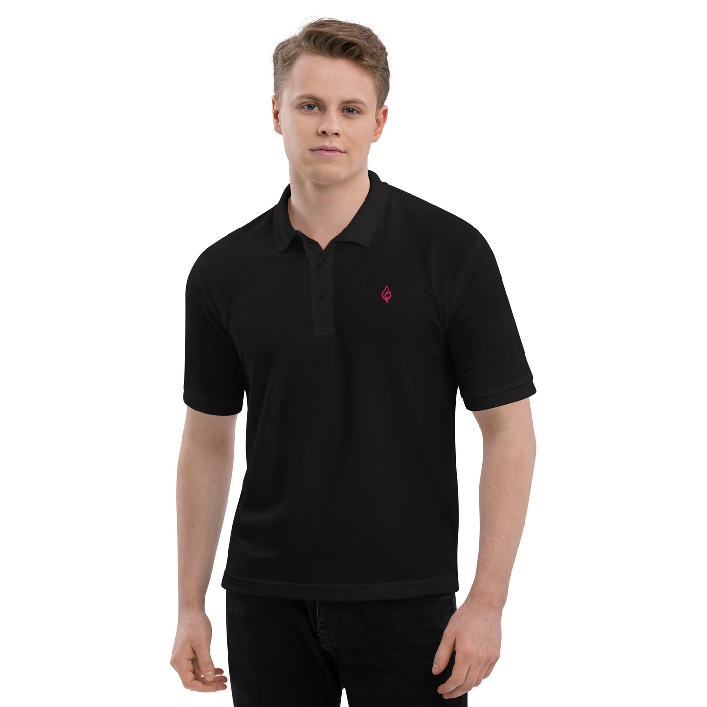 Male model front view wearing Ciao Cult Men’s Signature Flame Polo in black with flamingo-pink flame emblem.