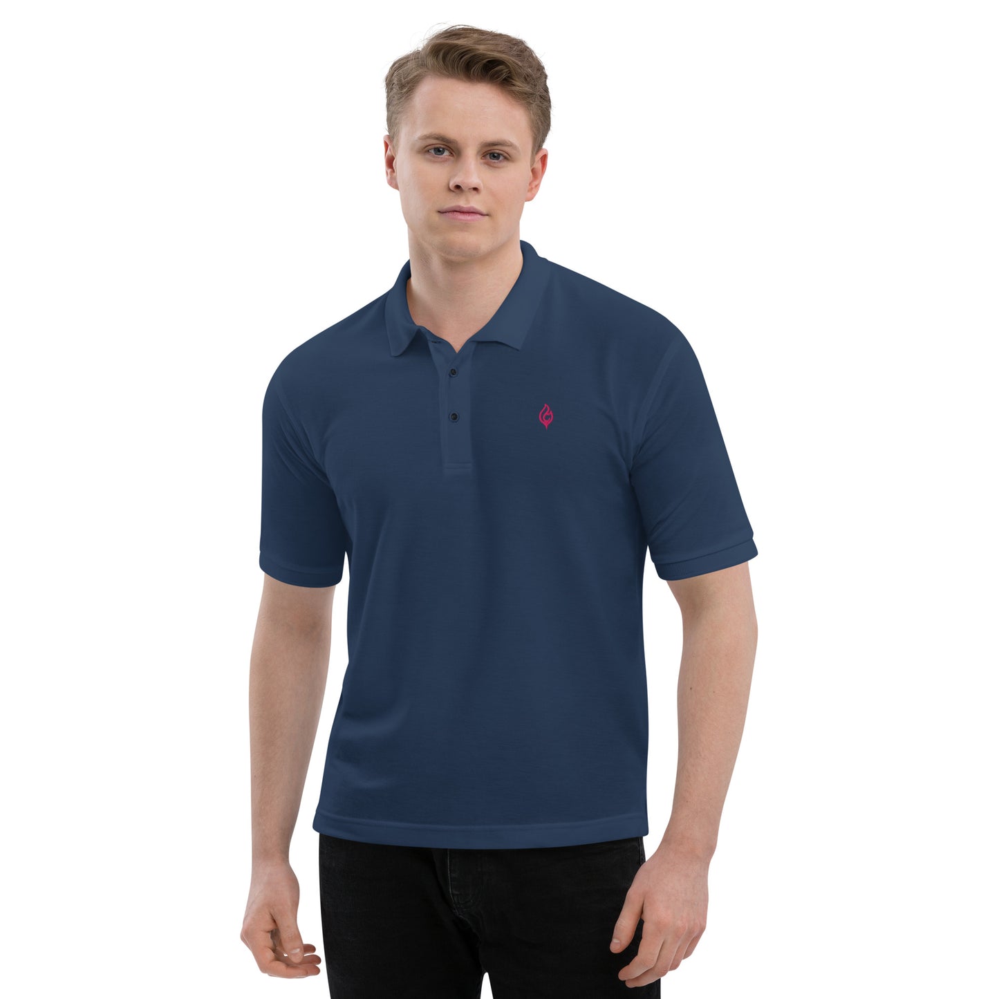 Male model front view wearing Ciao Cult Men’s Signature Flame Polo in navy with flamingo-pink flame emblem.