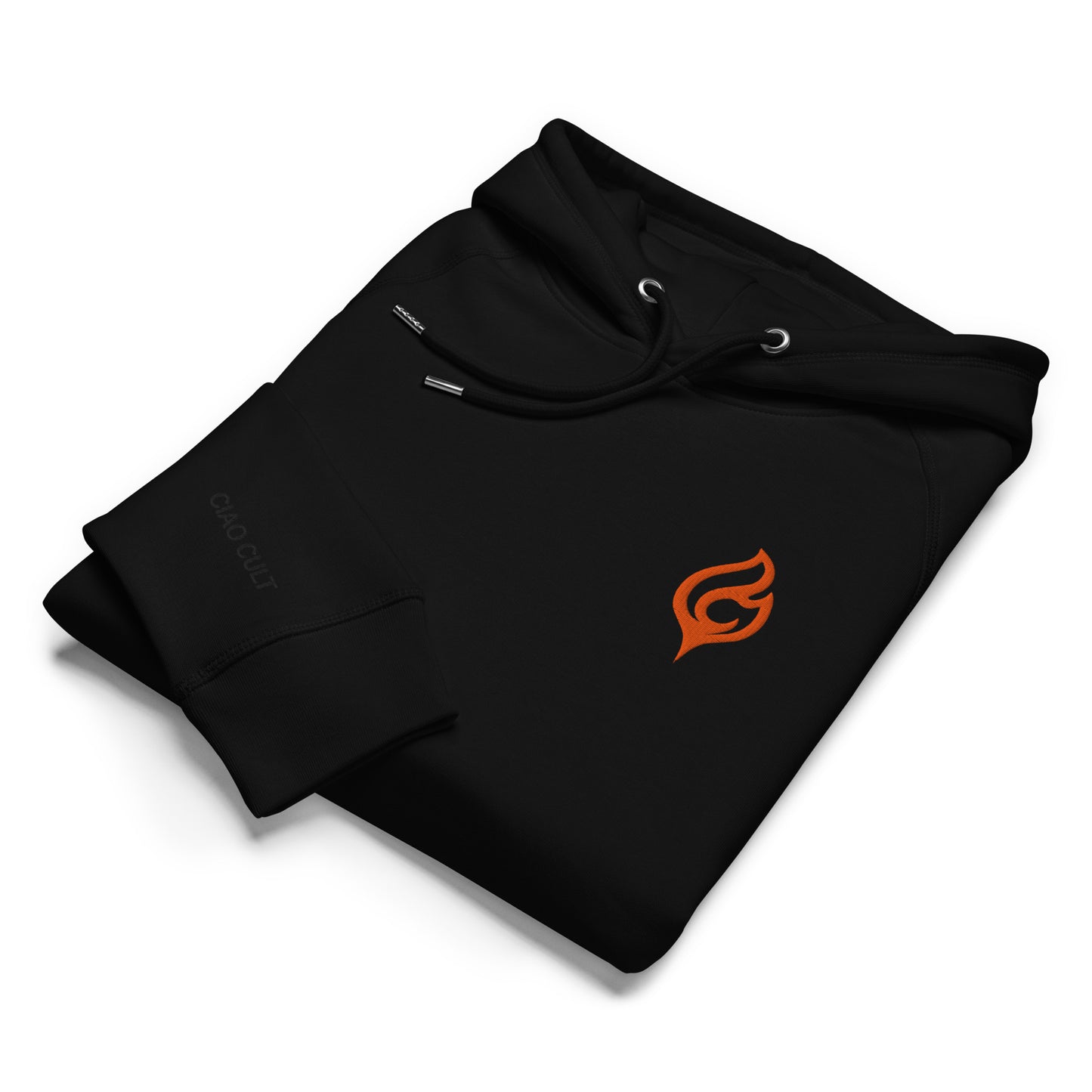 Folded Ciao Cult Orange Flame Organic Hoodie in black showing chest flame logo and right sleeve “Ciao Cult” text.