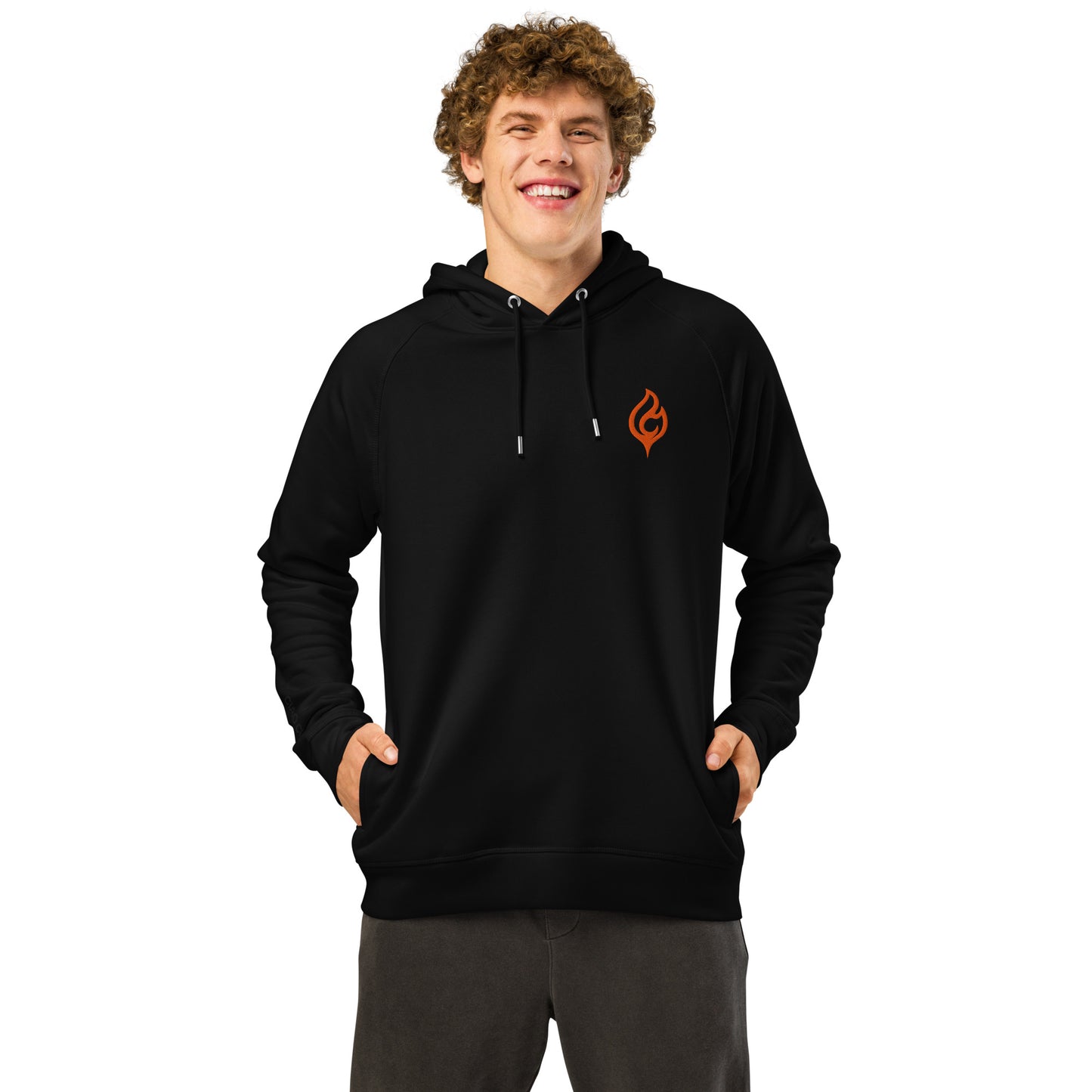 Male model front pose wearing Ciao Cult Orange Flame Organic Hoodie in black with flame logo, white background.