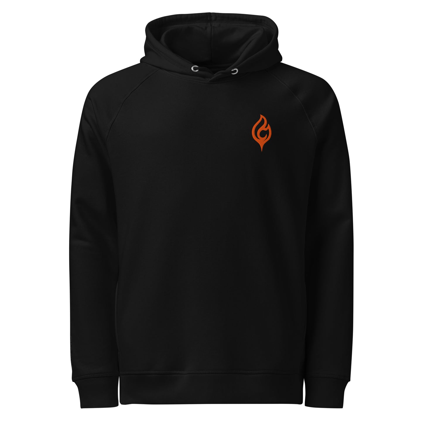 Product-only image of Ciao Cult Orange Flame Organic Hoodie in black, front view with flame logo on chest.