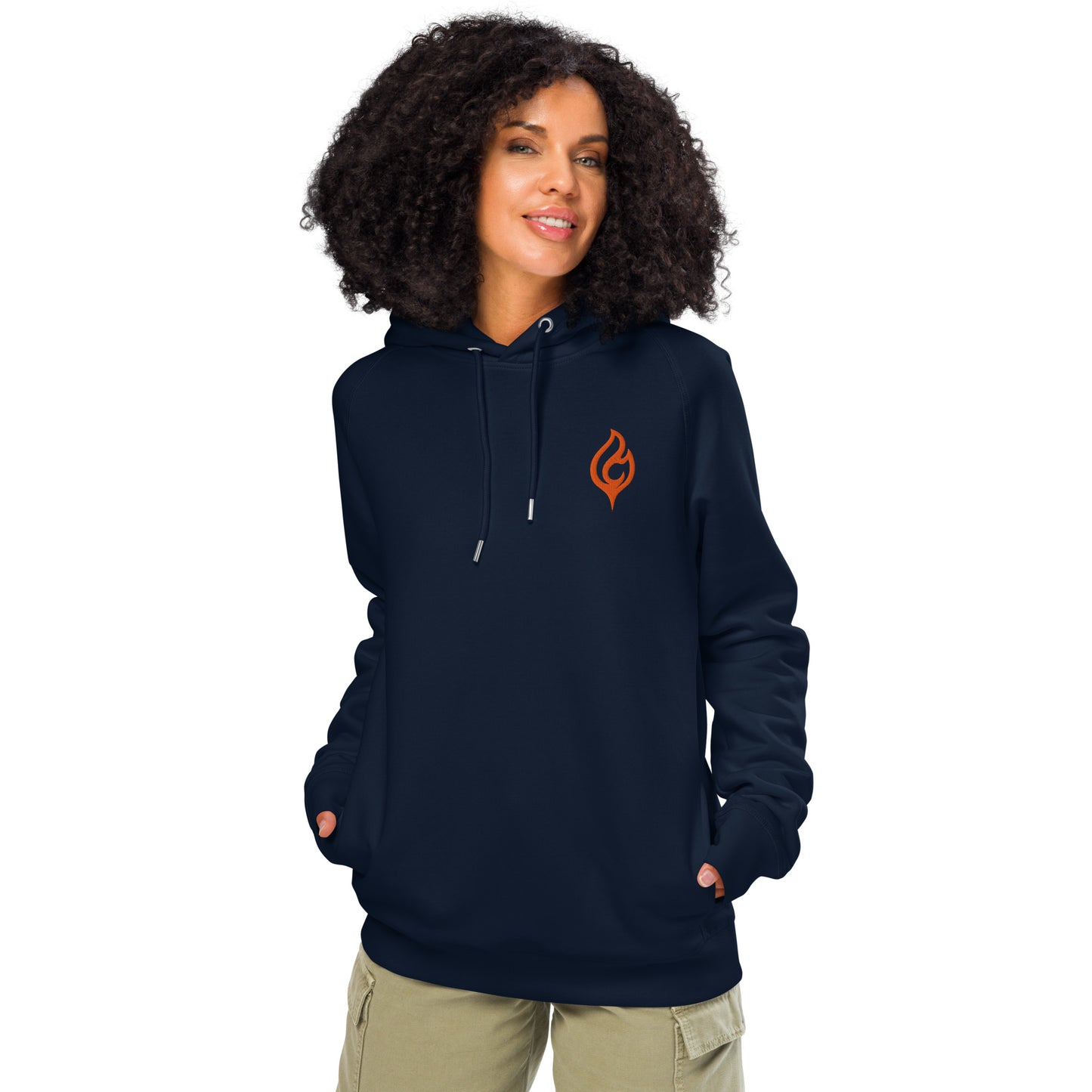 Female model front pose wearing Ciao Cult Orange Flame Organic Hoodie in French Navy with flame logo, white background.