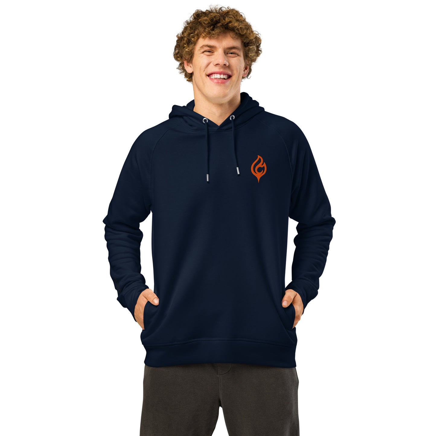 Male model front pose wearing Ciao Cult Orange Flame Organic Hoodie in French Navy with flame logo, white background.