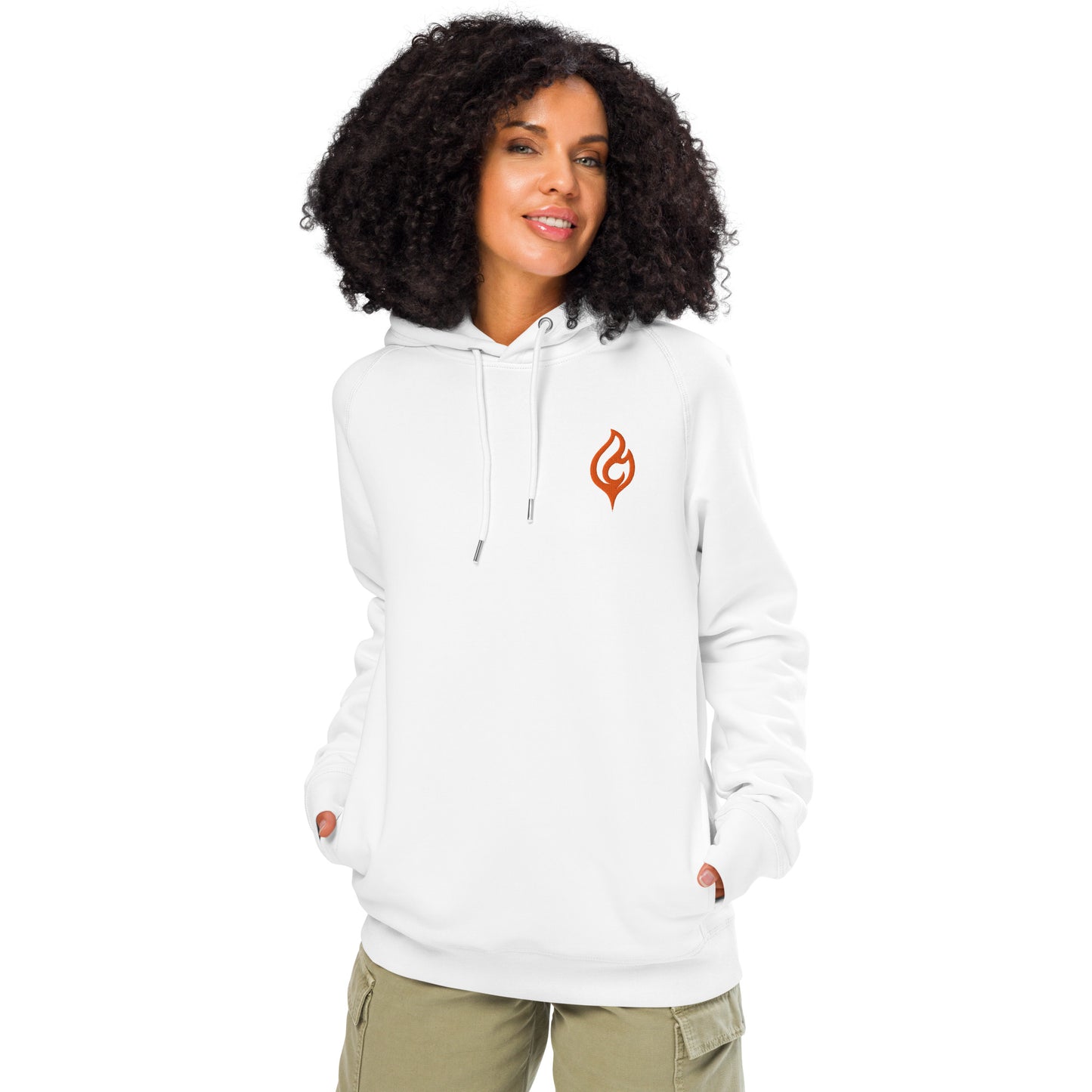 Female model front pose wearing Ciao Cult Orange Flame Organic Hoodie in white with flame logo, white background.