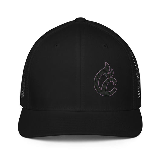 Black closed-back trucker cap with embroidered flame logo on front and mesh panels. - Ciao Cult - Black