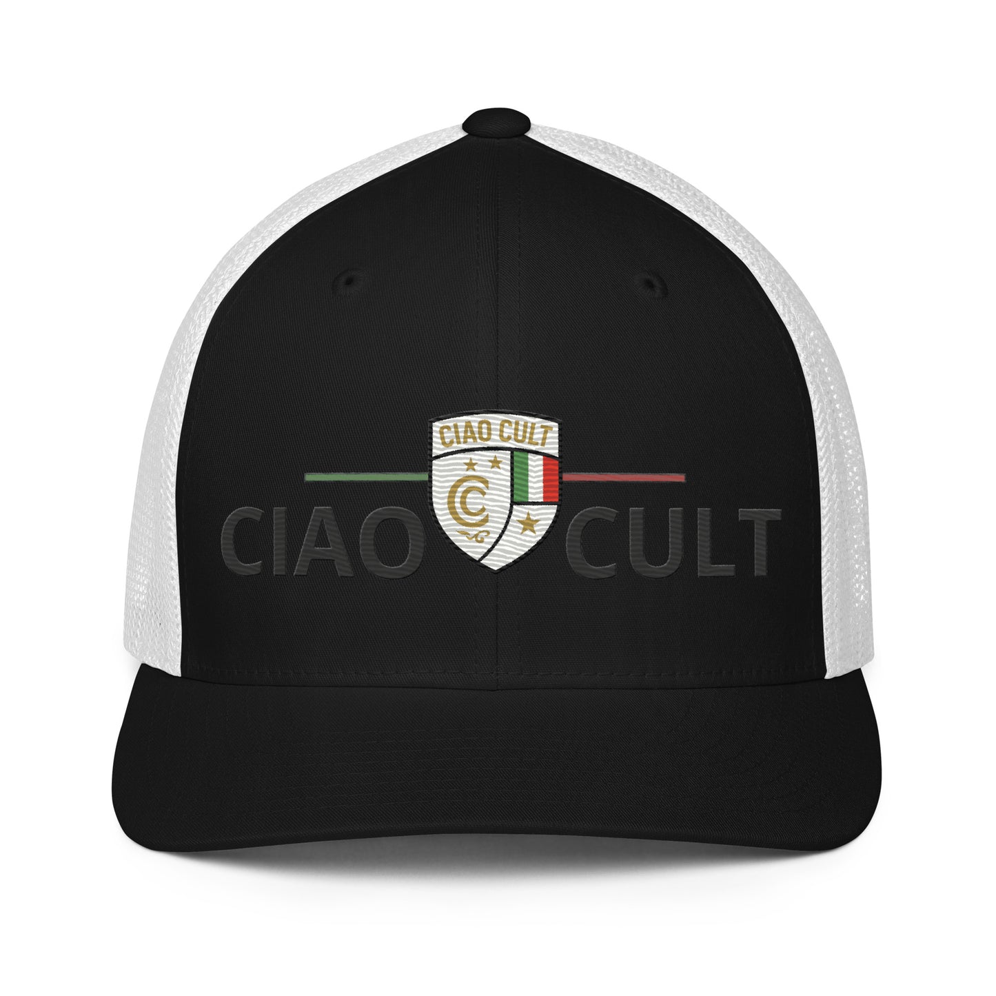 Black and white closed-back trucker cap with embroidered Ciao Cult crest logo on front. - Ciao Cult