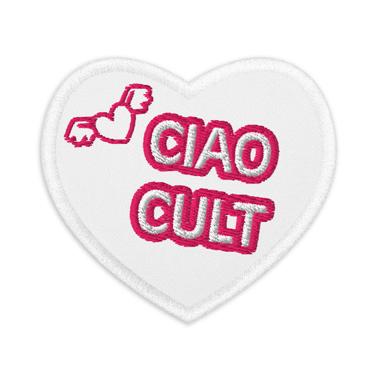 White heart-shaped patch with pink embroidered text "CIAO CULT" and two small winged hearts above the text. - Ciao Cult - Black