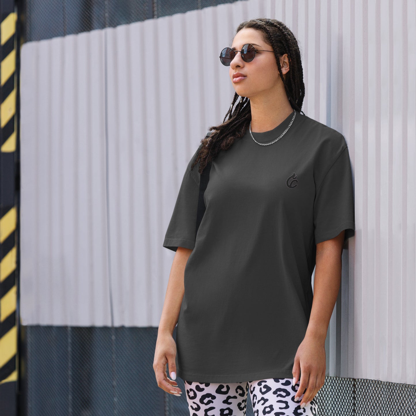 Oversized faded black heavyweight tee with drop shoulders and subtle embroidered logo on chest. - Ciao Cult - Faded Black / S