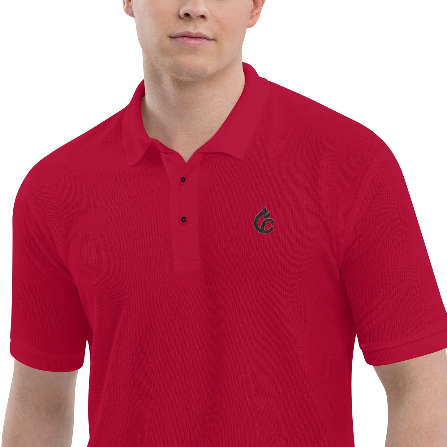 Men's red pique polo shirt with black embroidered logo, short sleeves, and button placket. - Ciao Cult - Black / S