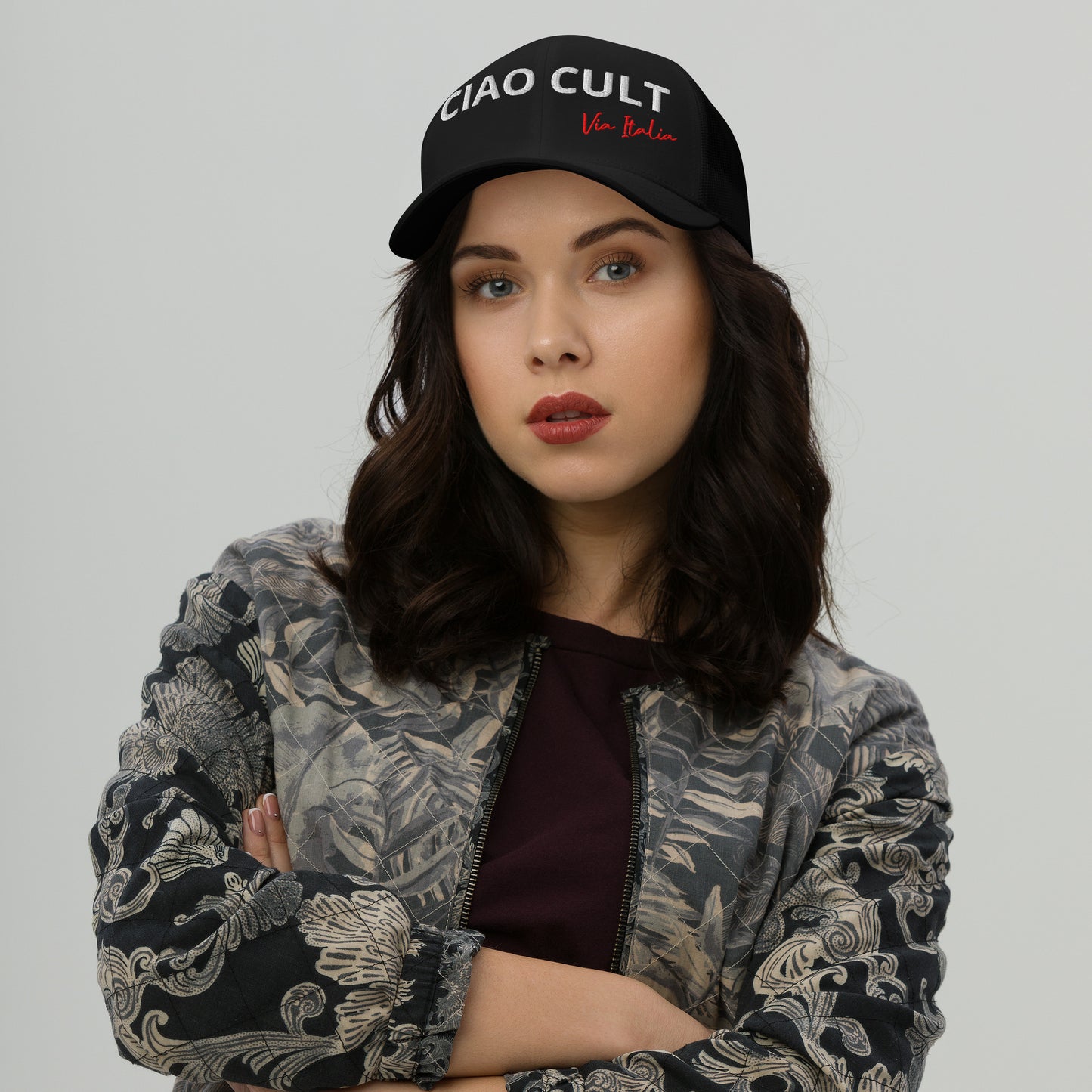 Black trucker cap with white "CIAO CULT" and red "Via Italia" embroidery, mesh back panel. - Ciao Cult - Default Title