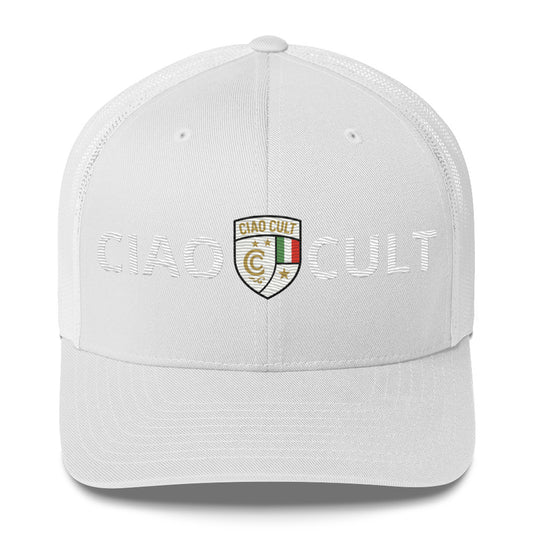 White trucker cap with mesh back, embroidered Ciao Cult crest and logo on front panel. - Ciao Cult - Default Title