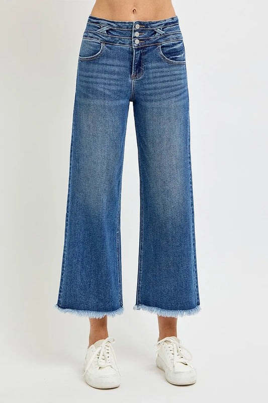 Front view of RISEN High Rise Crop Wide Leg Jeans – wide band waist and straight stance