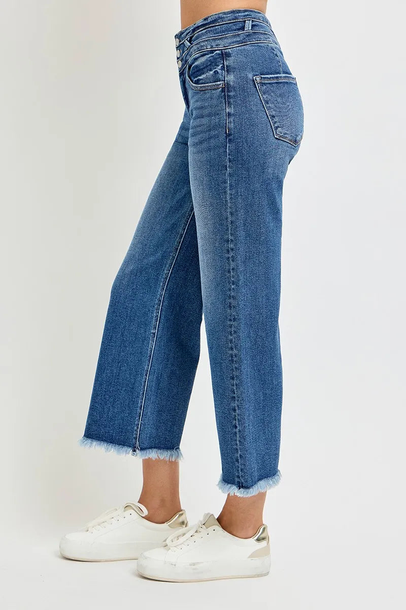 Side view of RISEN High Rise Crop Wide Leg Jeans – high rise fit and wide leg silhouette