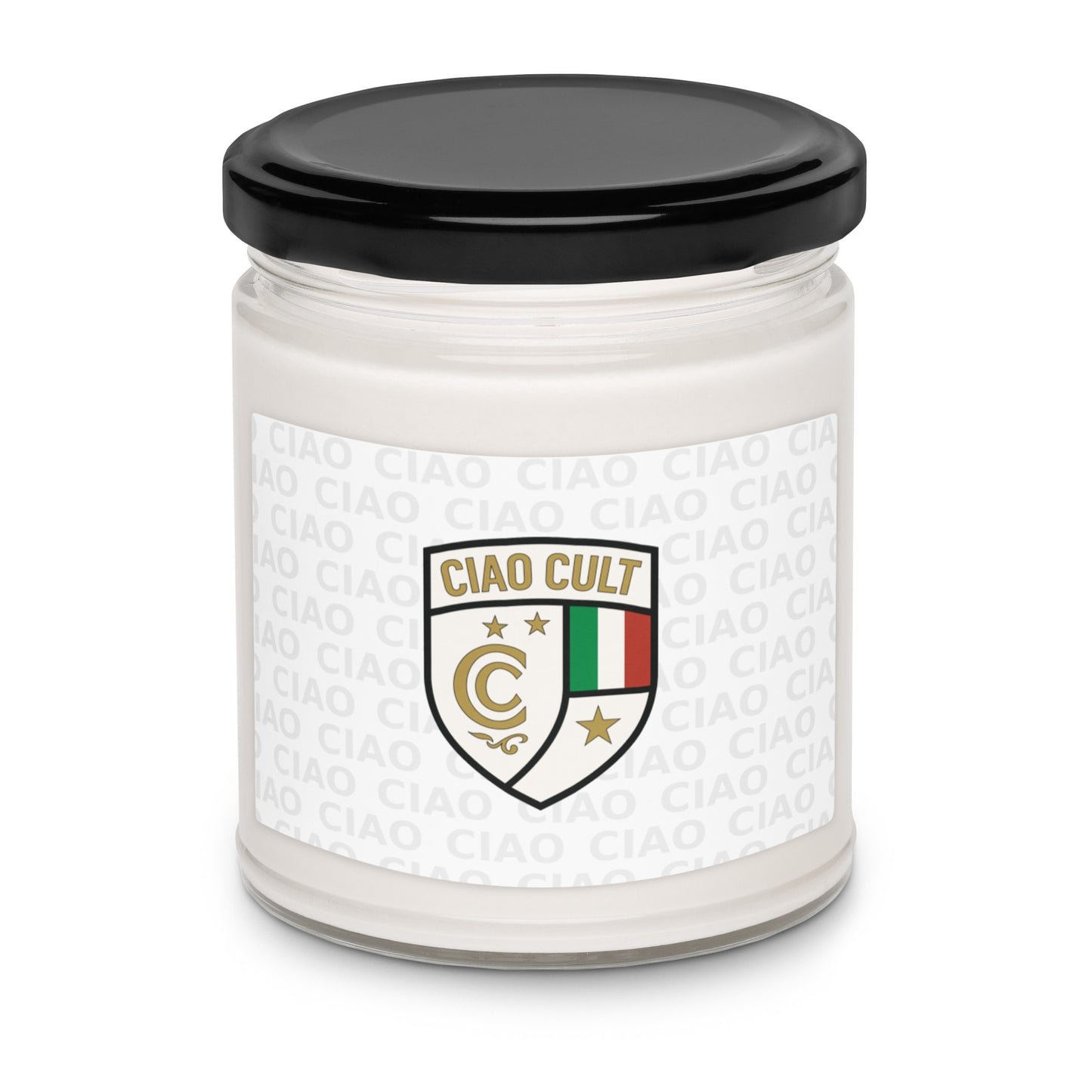 White soy wax candle in clear glass jar with black lid and Ciao Cult crest logo label with Italian flag colors. - Ciao Cult - Apple Harvest