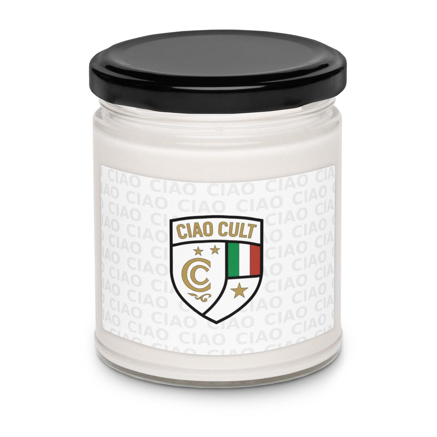 White scented soy candle in clear glass jar with black lid and Ciao Cult crest label. - Ciao Cult - Apple Harvest