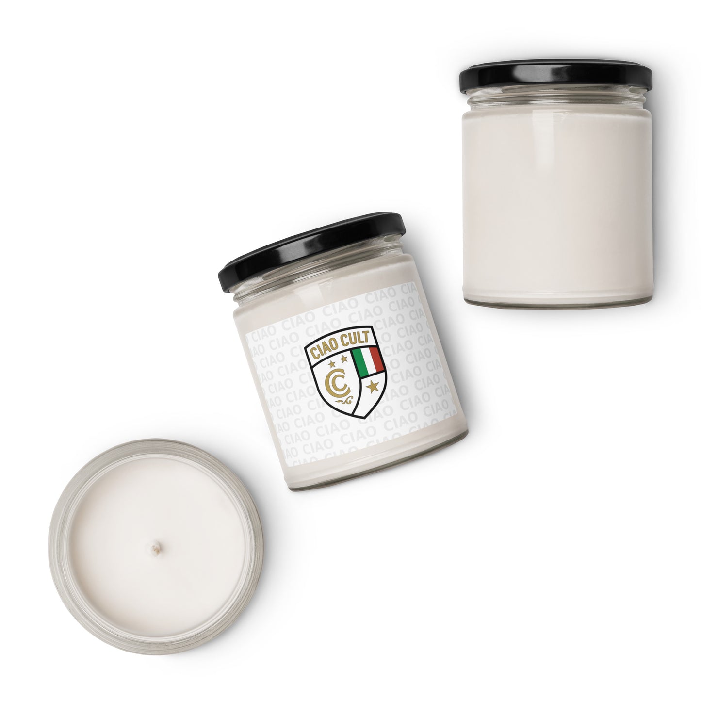 Set of three white scented soy wax candles in clear glass jars with black lids, featuring a stylish crest label. - Ciao Cult - Apple Harvest