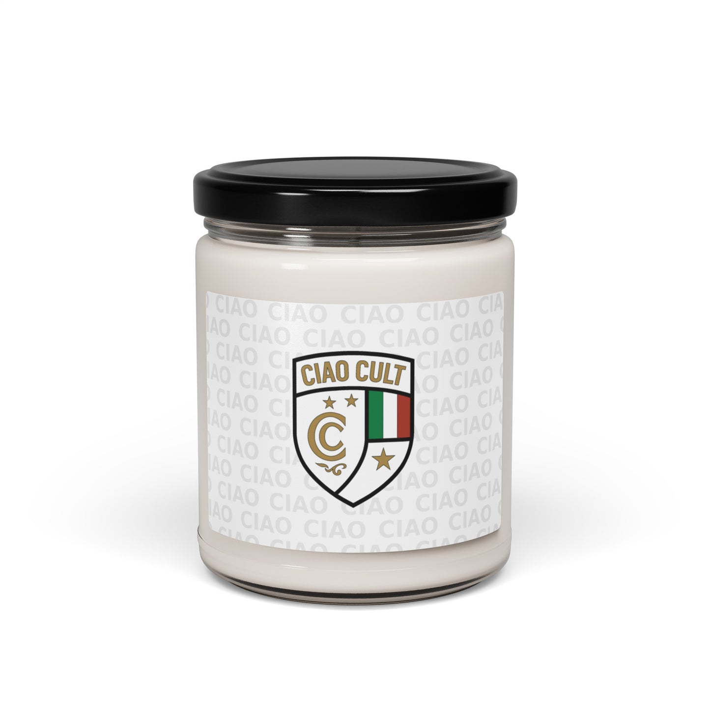 White soy wax candle in a clear glass jar with black lid and Ciao Cult crest label. - Ciao Cult - Apple Harvest