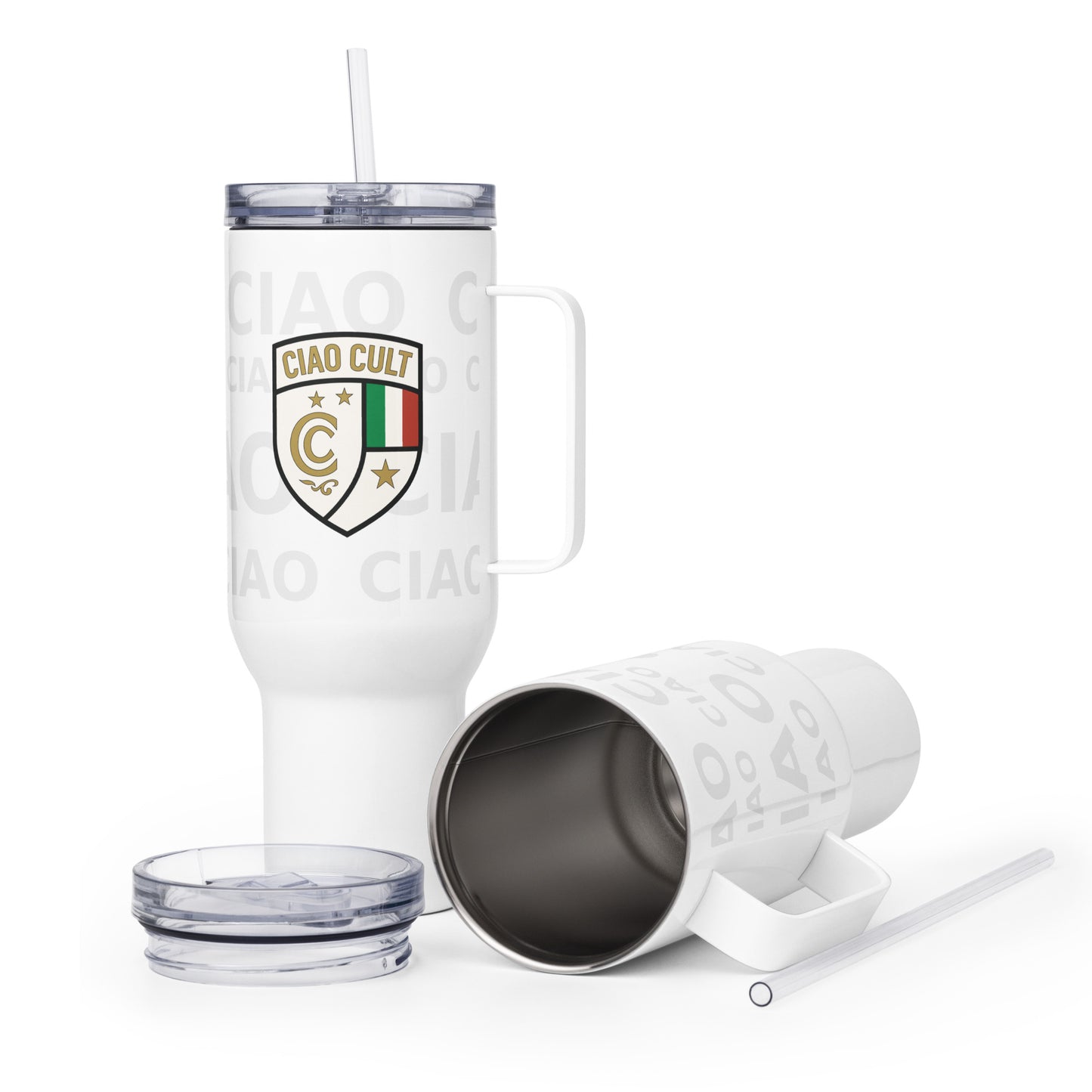 White stainless steel travel mug with tonal Ciao Cult crest pattern, clear lid, and handle. - Ciao Cult - Default Title