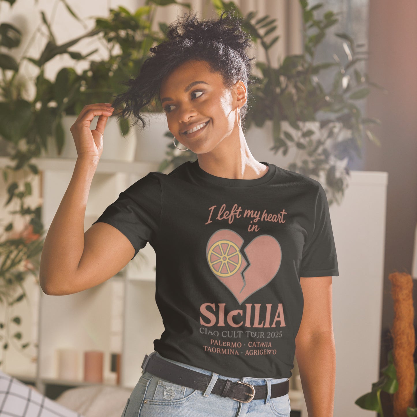 Black unisex tee with pink heart and lemon graphic and "I left my heart in Sicilia" text. - Ciao Cult - Black / S