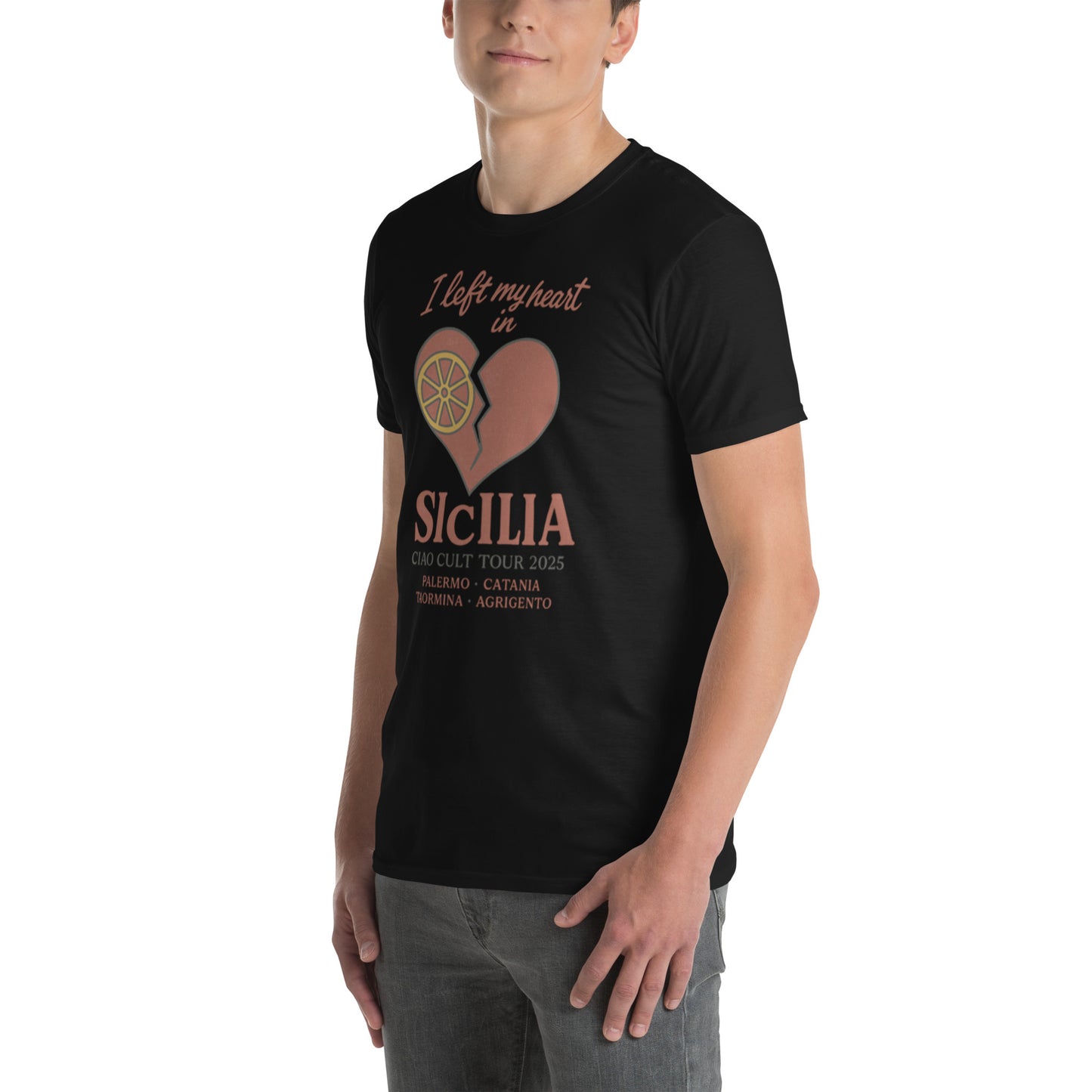 Black unisex tee with brown heart graphic and "Left my heart in Sicilia" text on front. - Ciao Cult - Black / S