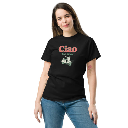 Black unisex T-shirt with "Ciao for now" text and vintage scooter graphic on front. - Ciao Cult - Black / S